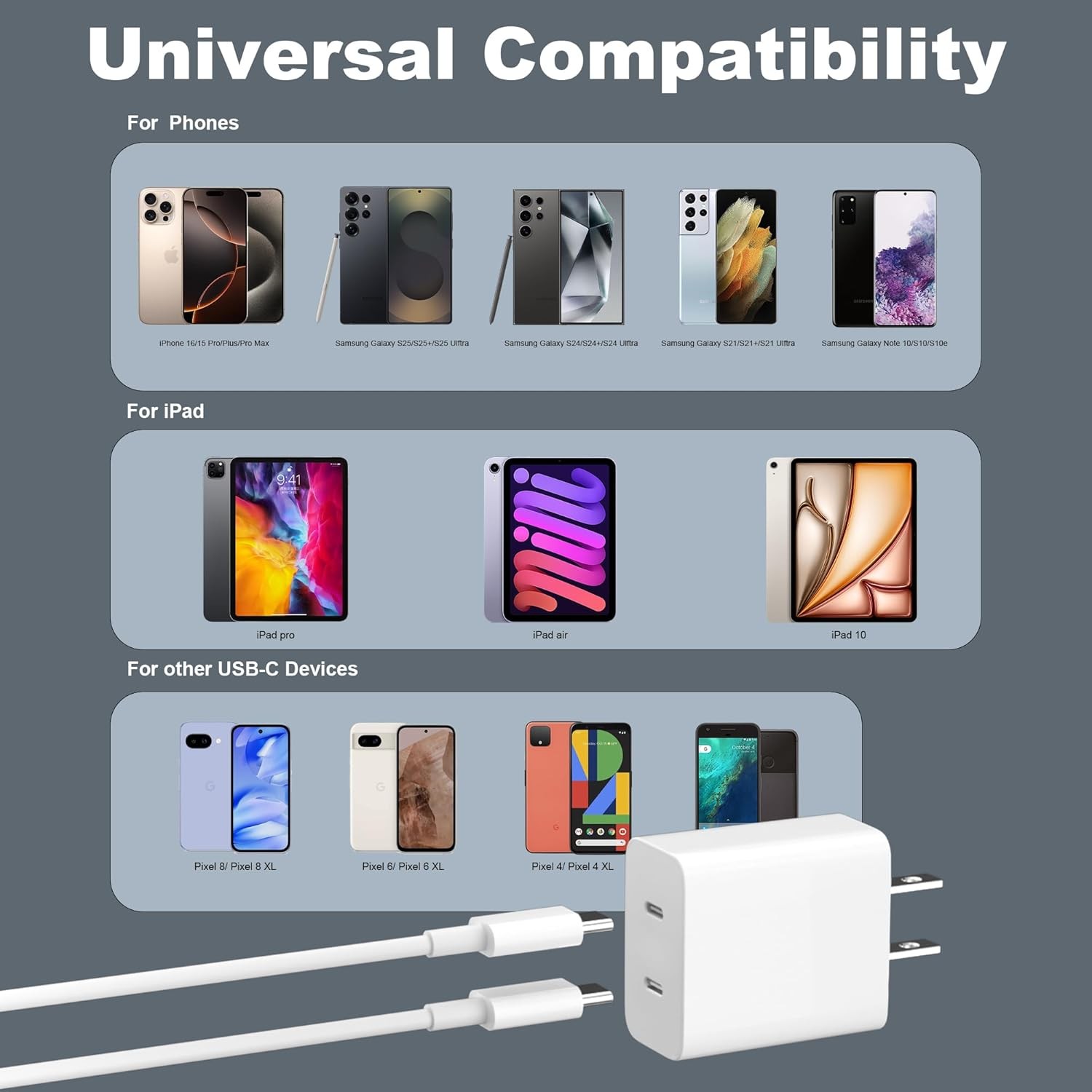 45W Dual USB-C Fast Charging Block with 10FT Cable for iPhone 15/16/17