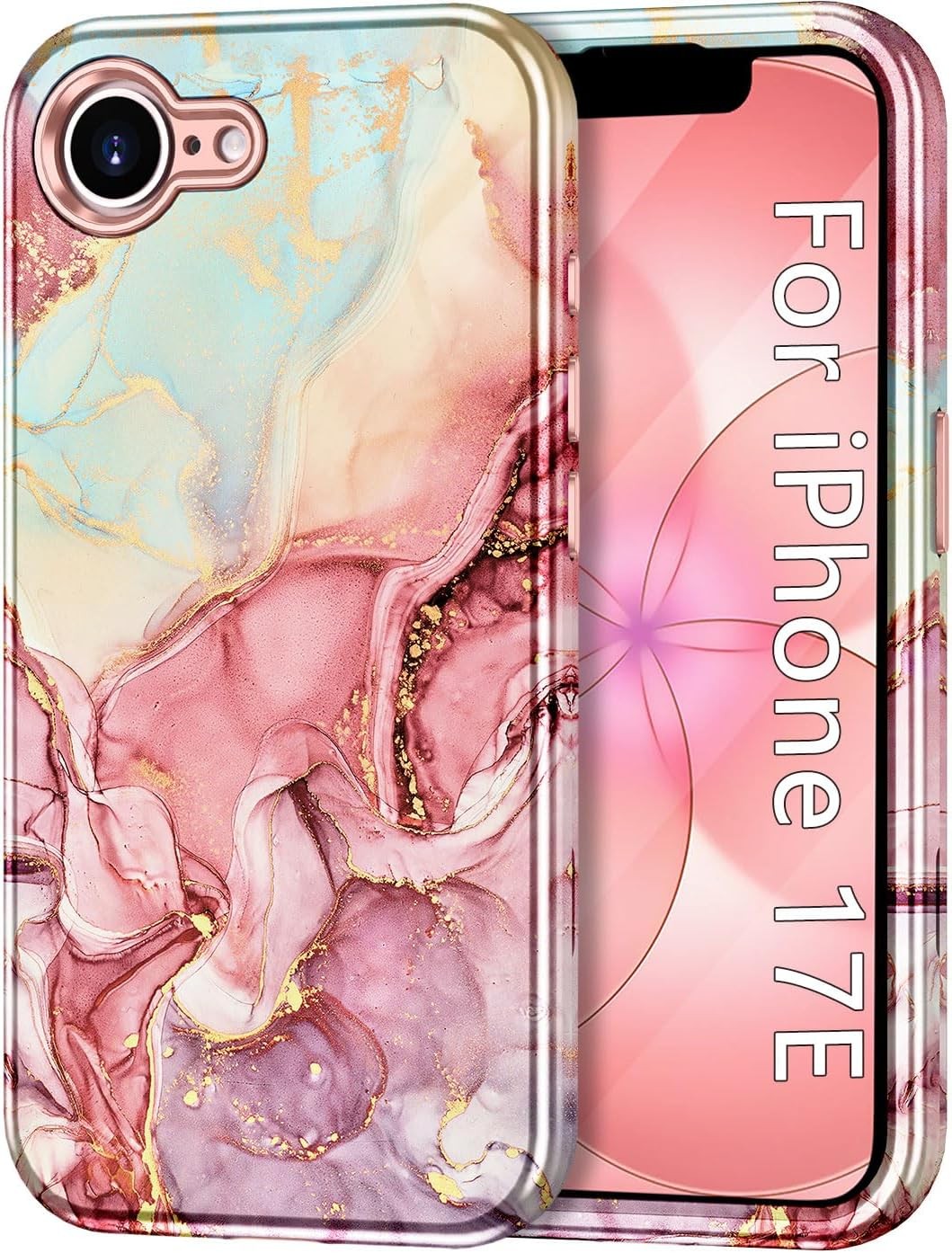 3 in 1 Heavy Duty Shockproof Case for iPhone 17e 6.1 Inch 2026, Marble Design