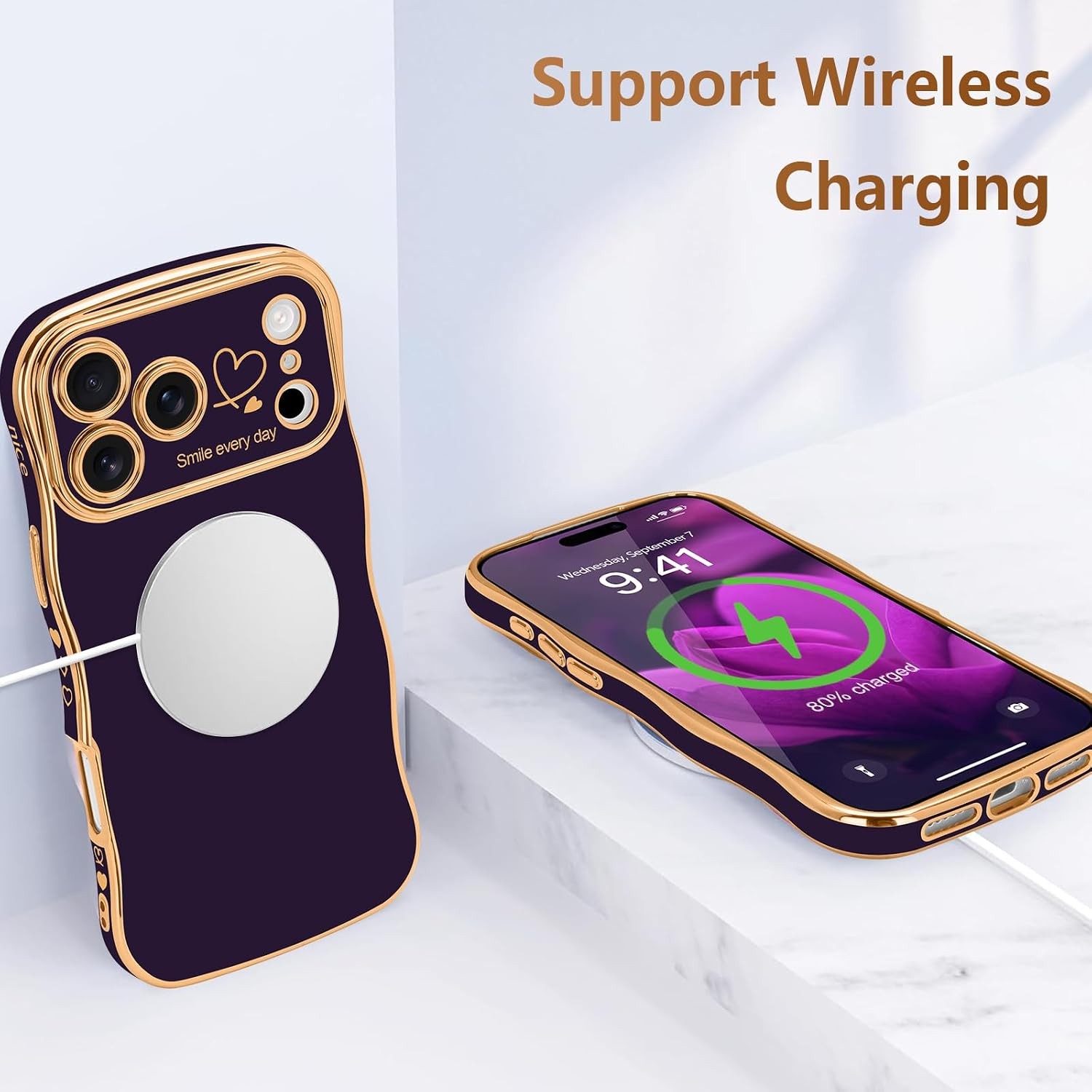 Cute Dark Purple iPhone 17 Pro Max Case for Girls, Wave Frame Curly Design