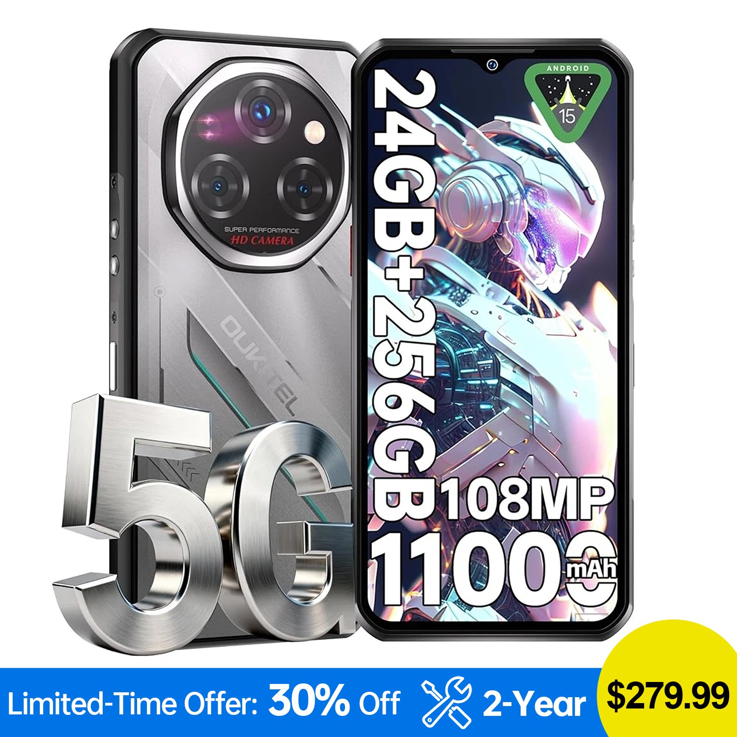 OUKITEL WP62 Rugged Phone 5G Android 15 24(8+16)GB+256GB/1TB 11000mAh 108MP NFC