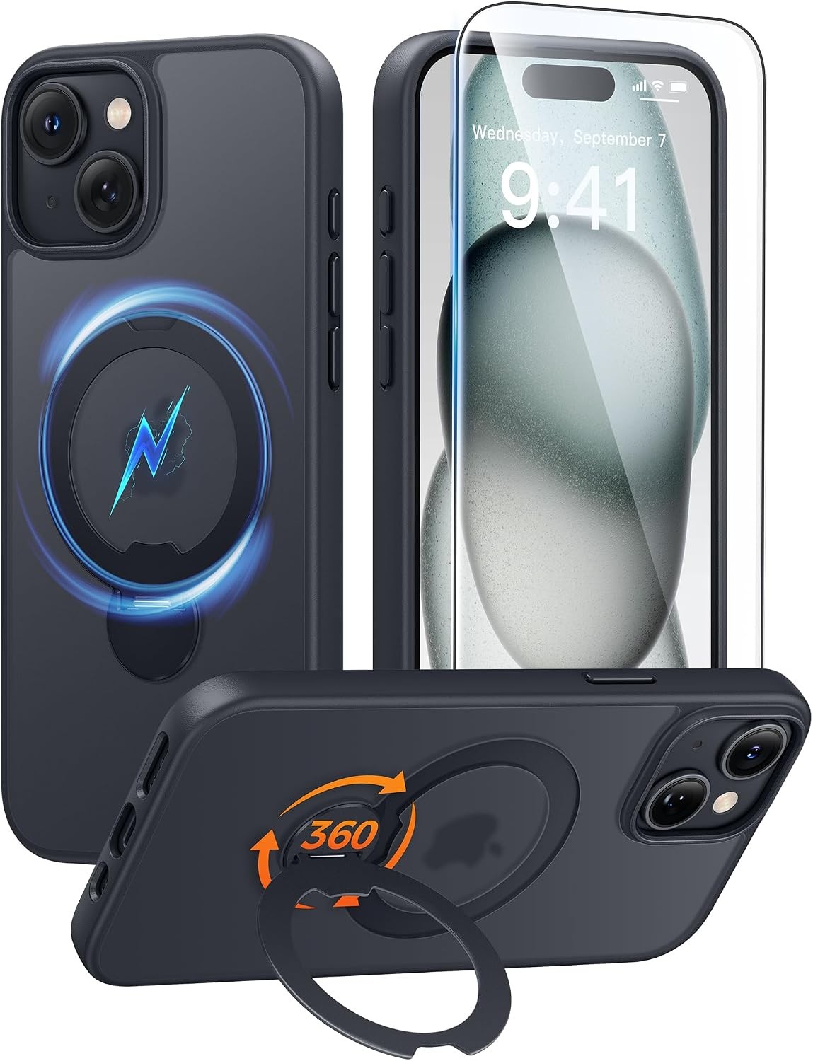 iPhone 14 Plus & 15 Plus Case – Black Shockproof Cover with 360 Spin Magnetic St