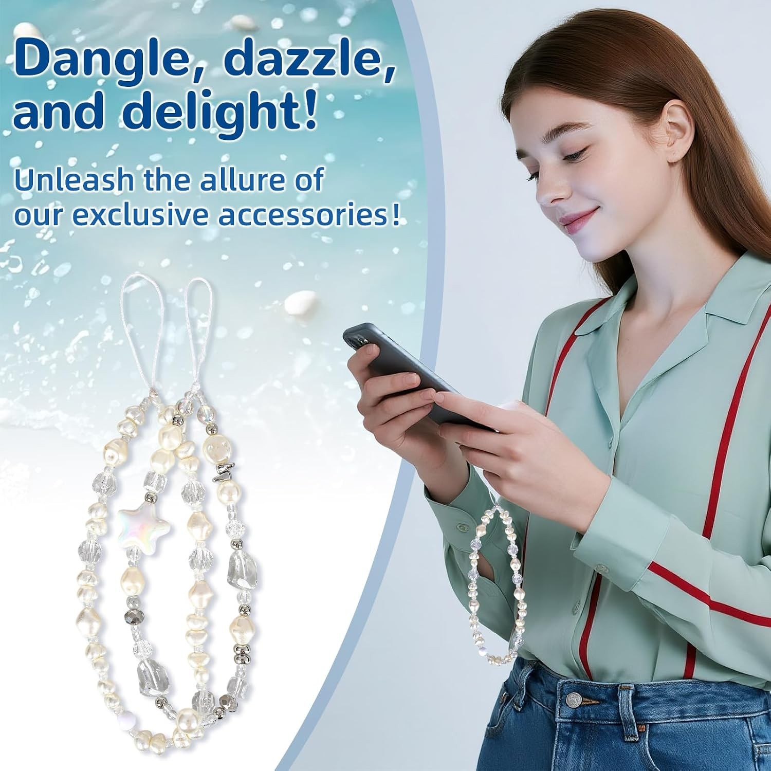 2pcs Beaded Camera Wrist Strap Cute White Phone Charm Pearl Bracelet Keychain De
