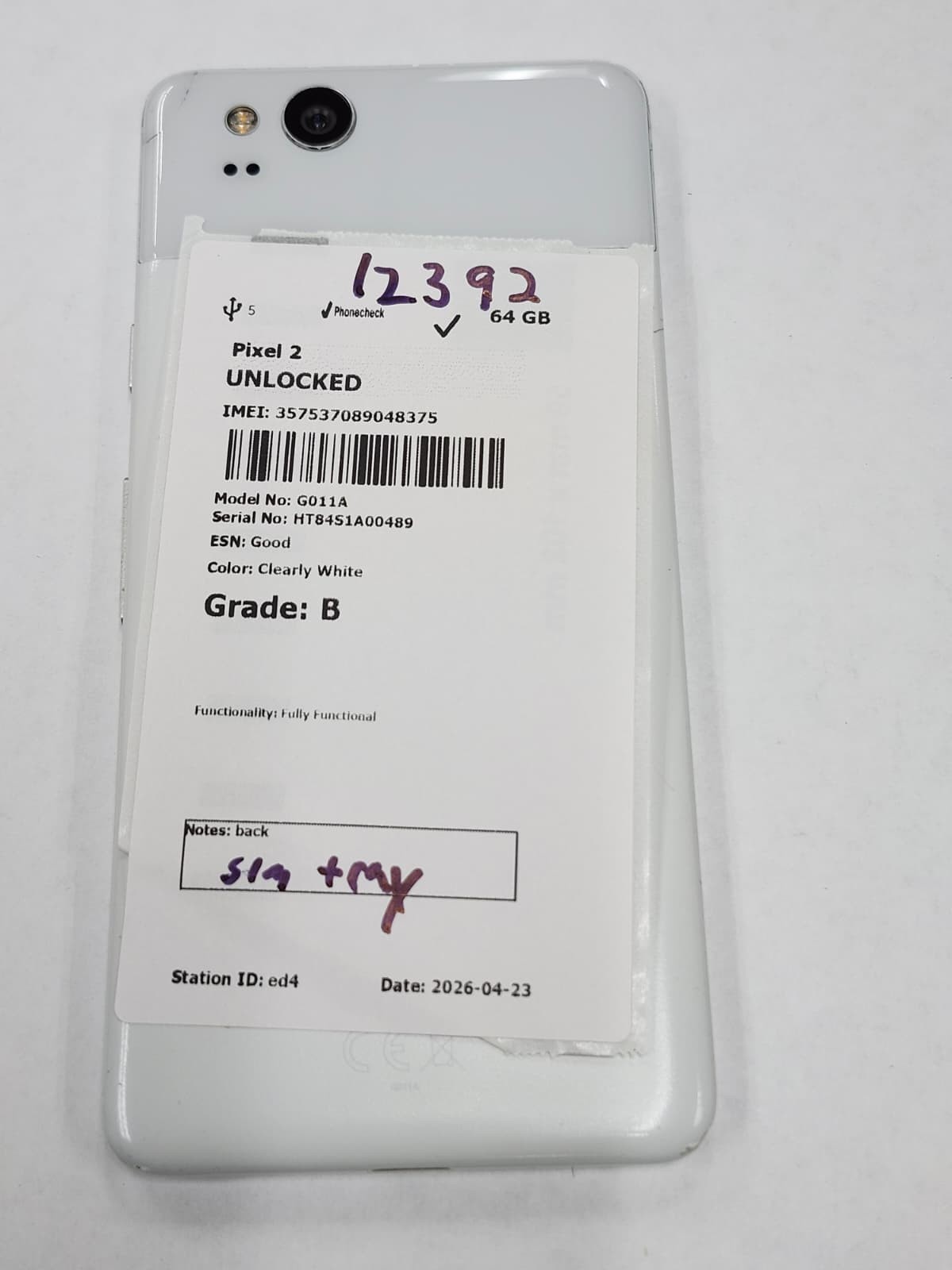 DEFECTIVE – Google Pixel 2 – 64 GB – White – Unlocked – G011C – 12392