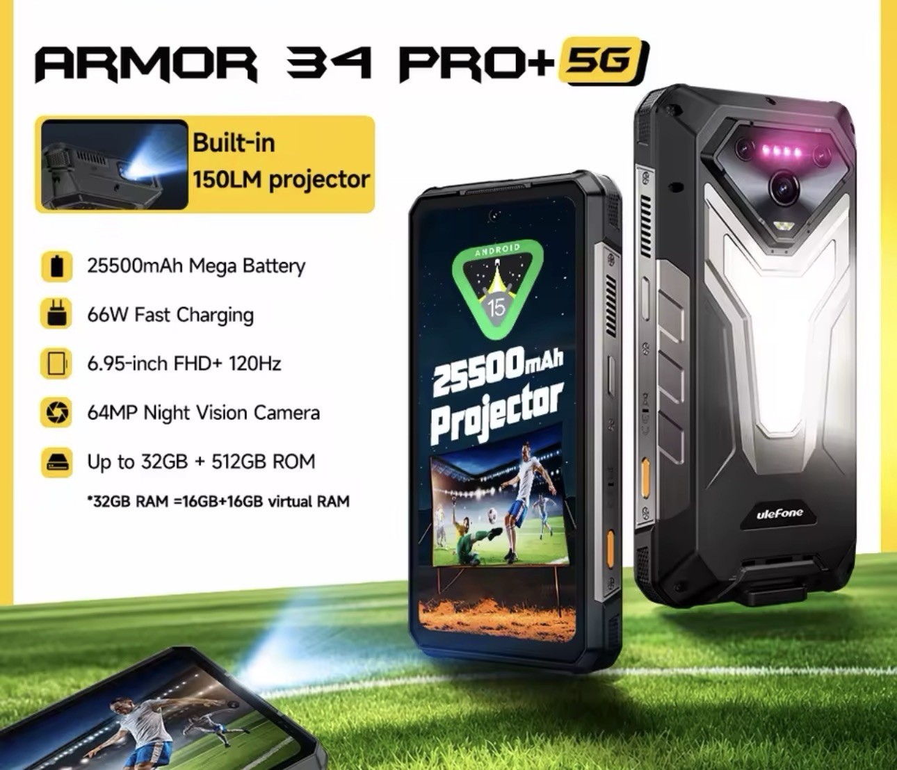 Ulefone Armor 34 Pro+ 5G AI Rugged DLP Projector Phone 32GB+512GB 6.95″ 25500mAh