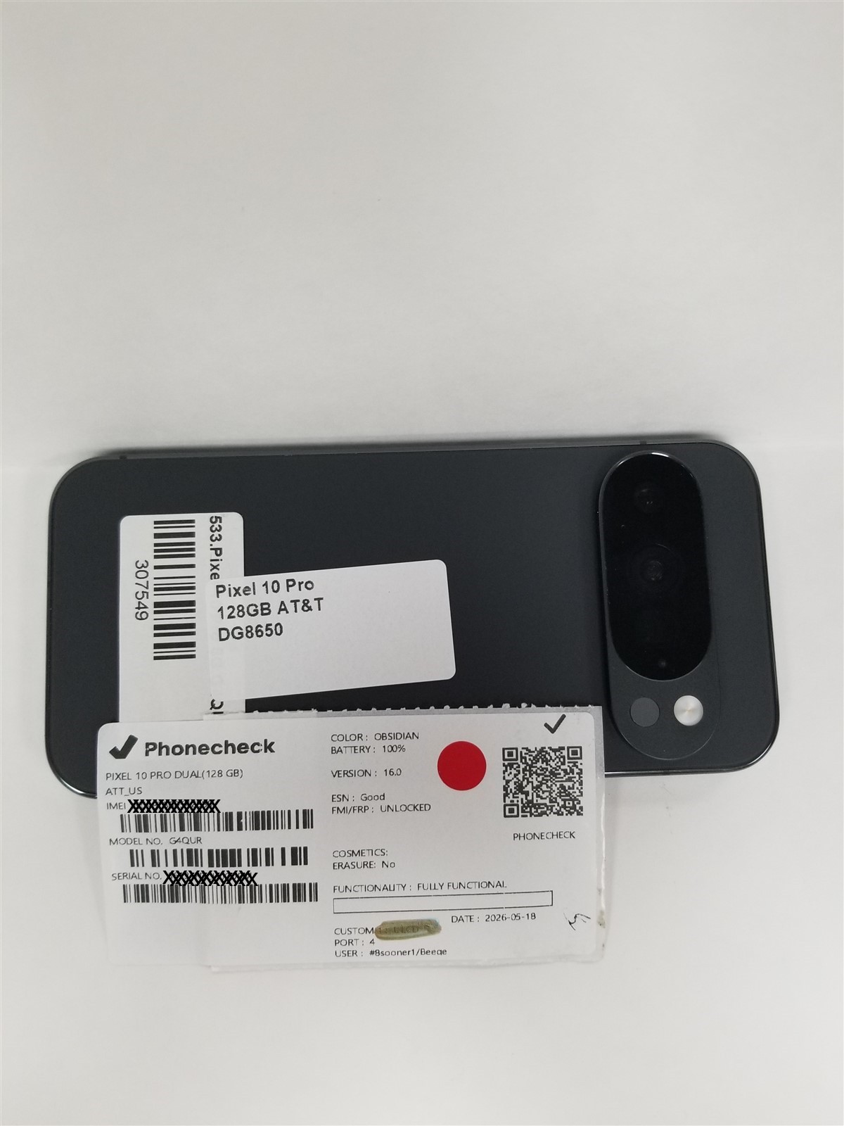 Google Pixel 10 Pro 128GB Obsidian G4QUR (AT&T) Fully Functional DG8650