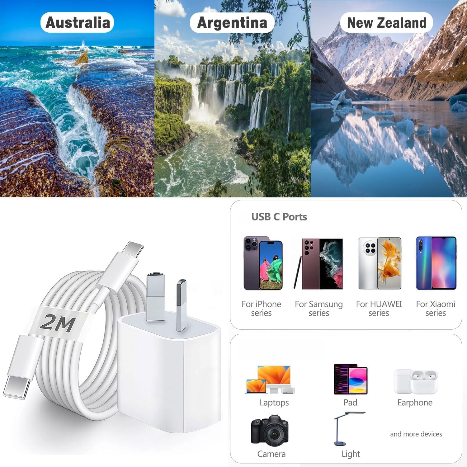 Australia Travel Adapter 30W USB-C Fast Charger for iPhone, iPad 6Ft