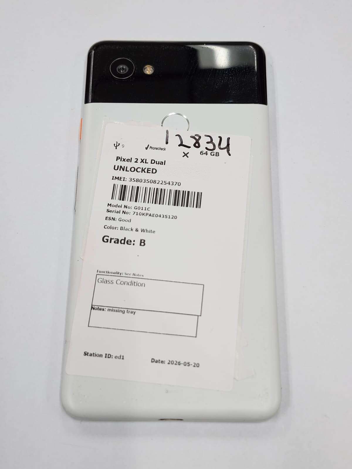 DEFECTIVE – Google Pixel 2 XL – 64 GB – White – Unlocked – G011C – 12834