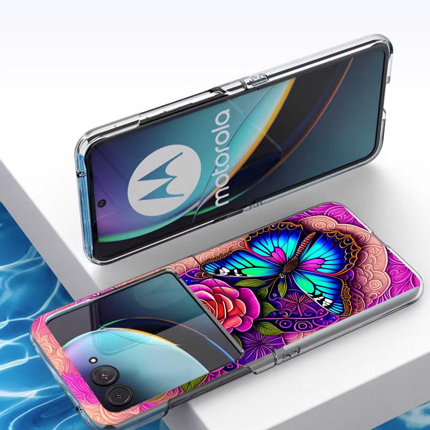 Case for Motorola Razr 2024, Blue Butterfly Flowers Rose Anti-Scratch Hard Cover