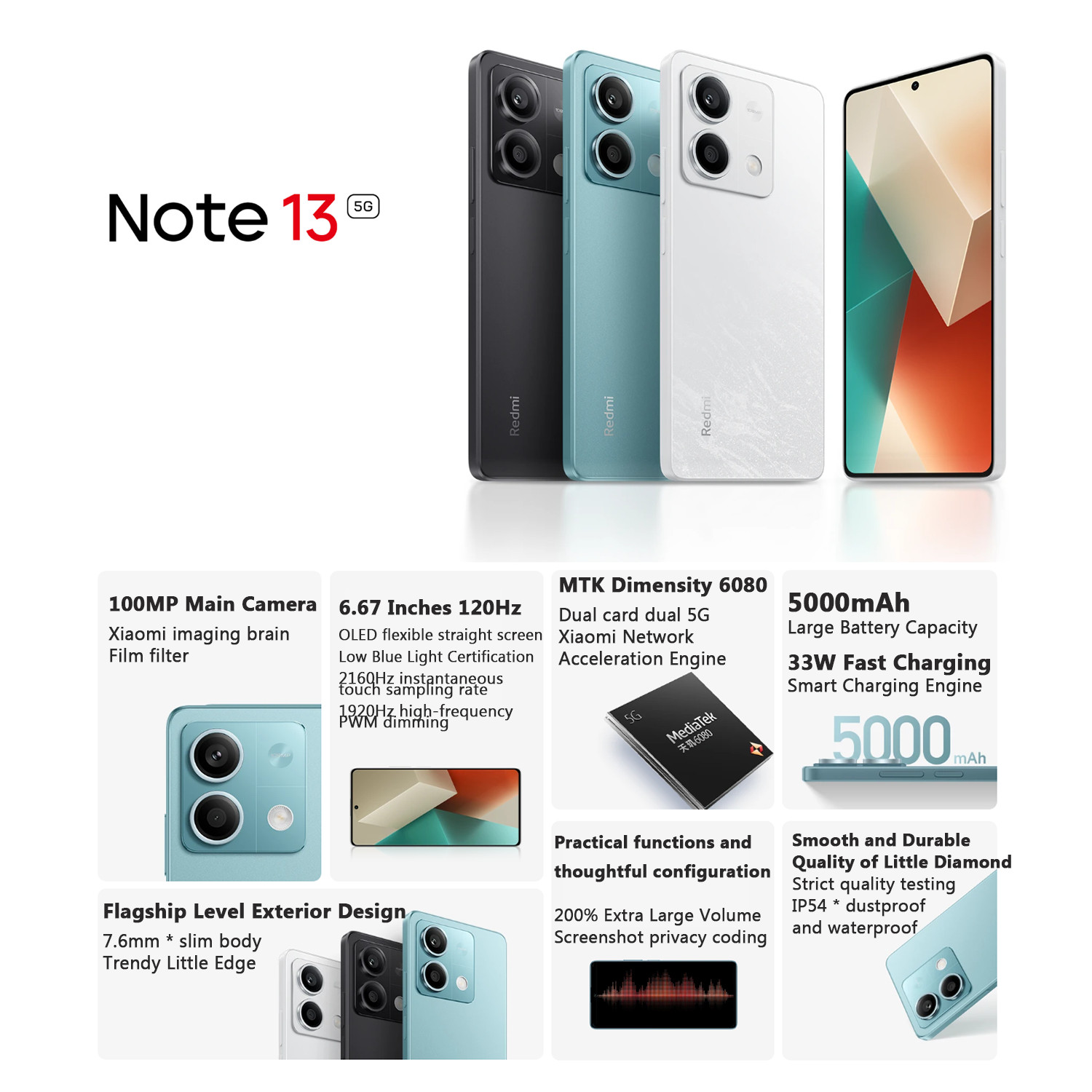Unlocked Xiaomi Redmi Note13 5G Dual SIM 128/256GB 6.67″108MP 5000mAh New Sealed