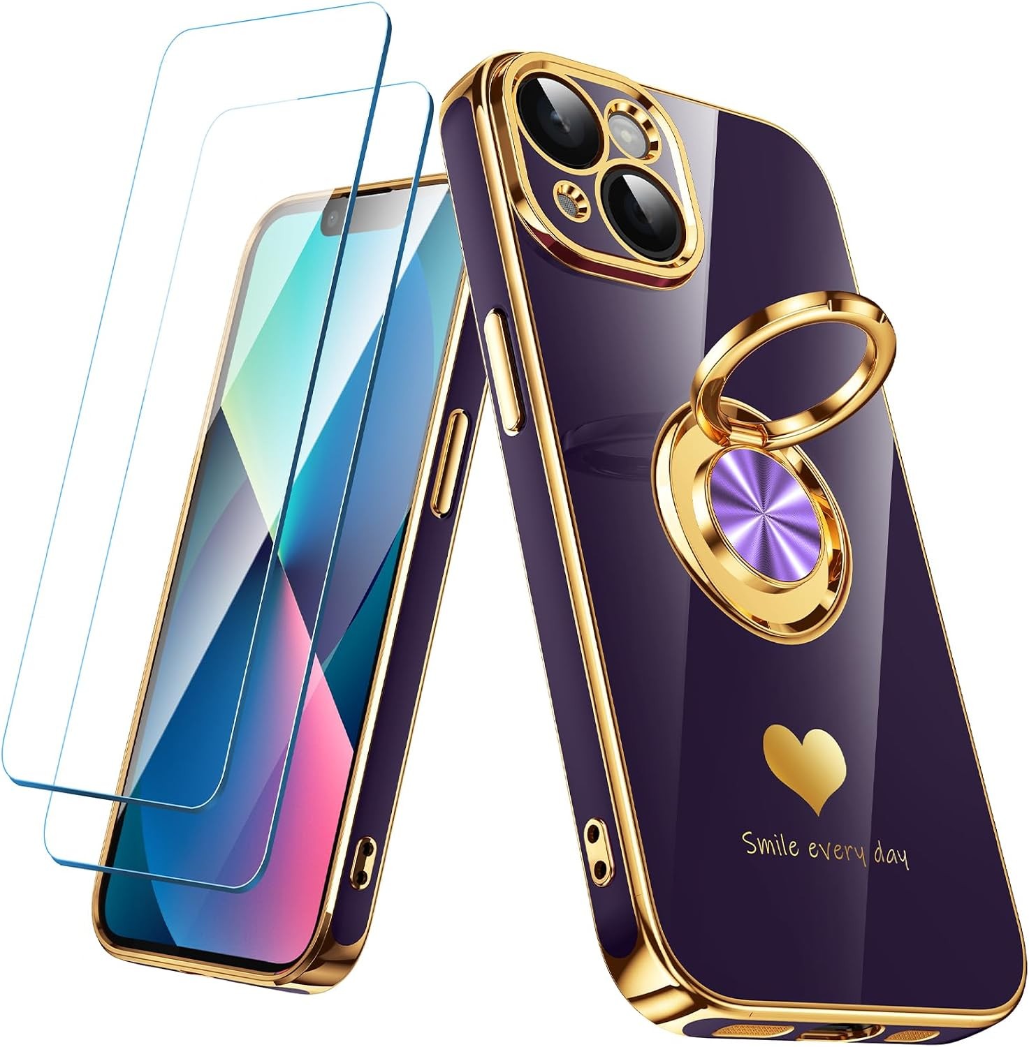 1. For iPhone 13 Case 2 Pack Screen Protector 360° Rotatable Ring Holder Purple