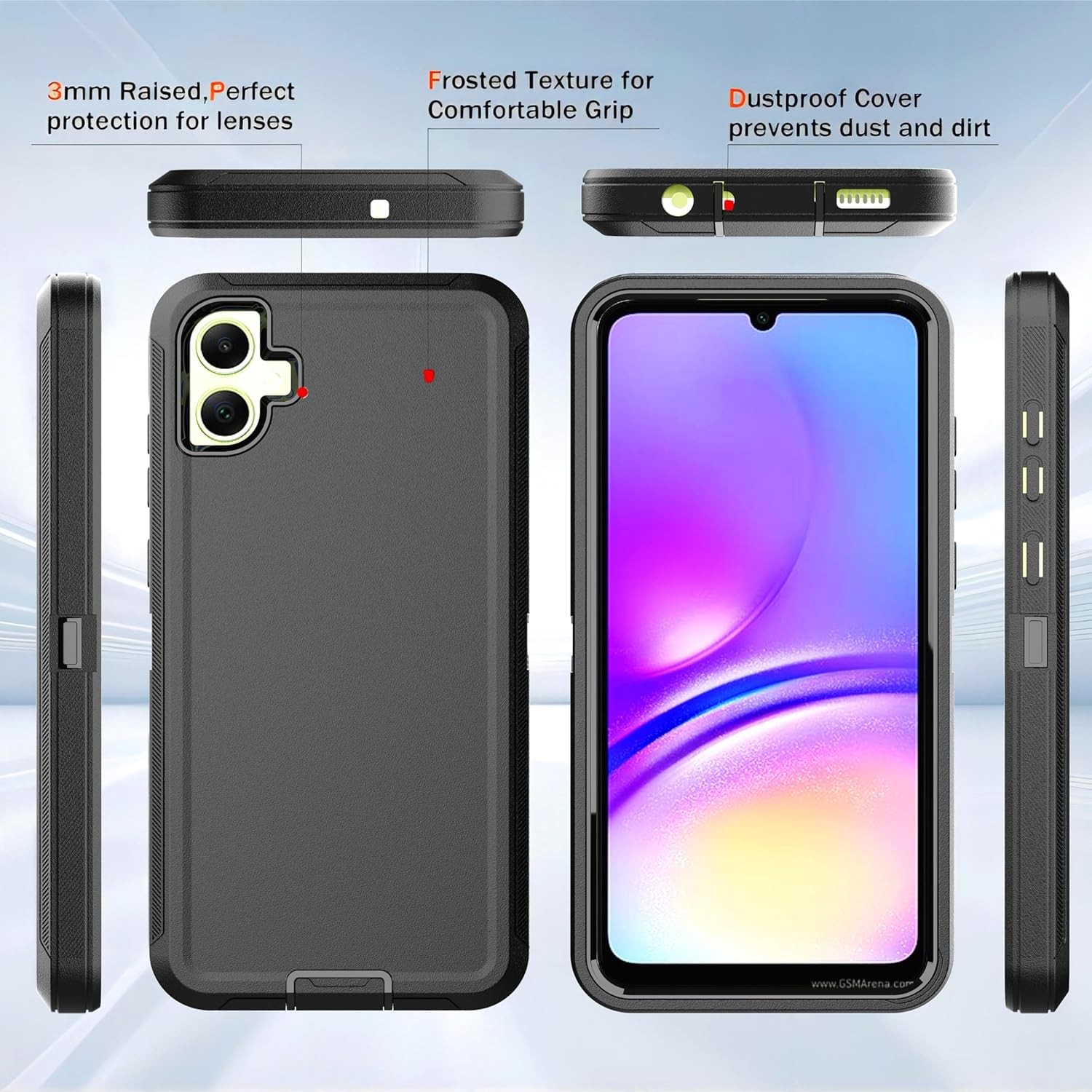 2PCS Case & Explosion-Proof Film for Galaxy A05 Black 3 in 1 Shockproof TPU Bump