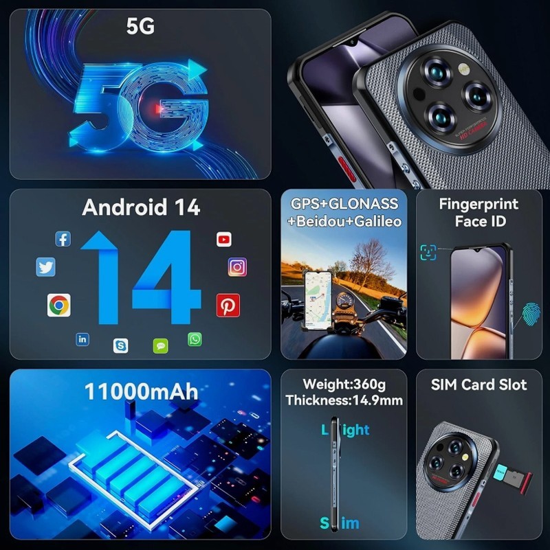 2025 Unlock WP35Pro 5G Rugged Smartphone 36GB+512GB 11000mAh Android Cell Phone
