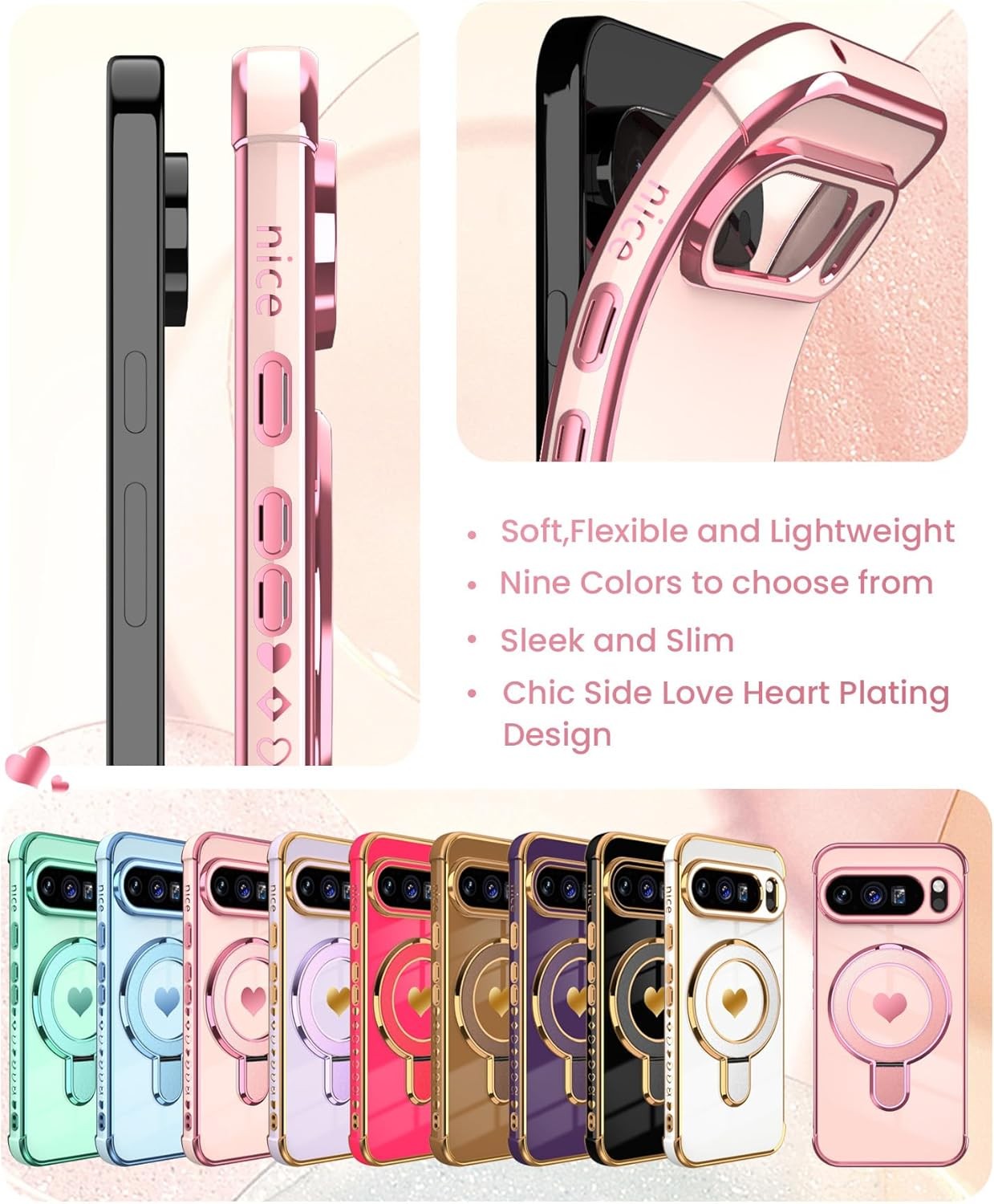Google Pixel 10/10 Pro Love Heart Kickstand Case with 2X Screen Protector Pink