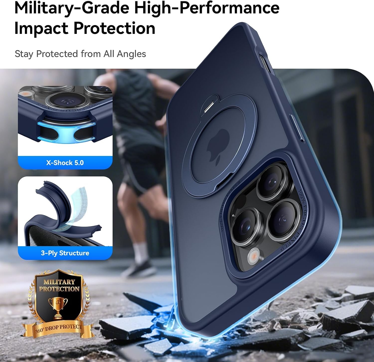 iPhone 16 Pro Case 360°Spin Magnetic Stand, Shockproof Military-Grade Protection