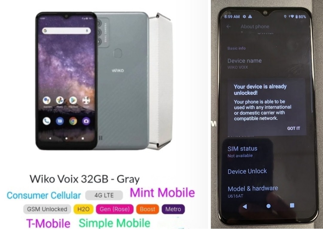 T-Mobile Wiko Voix U616at GSM Unlocked Metro/Boost/Consumer/Mint Mobile/H2O