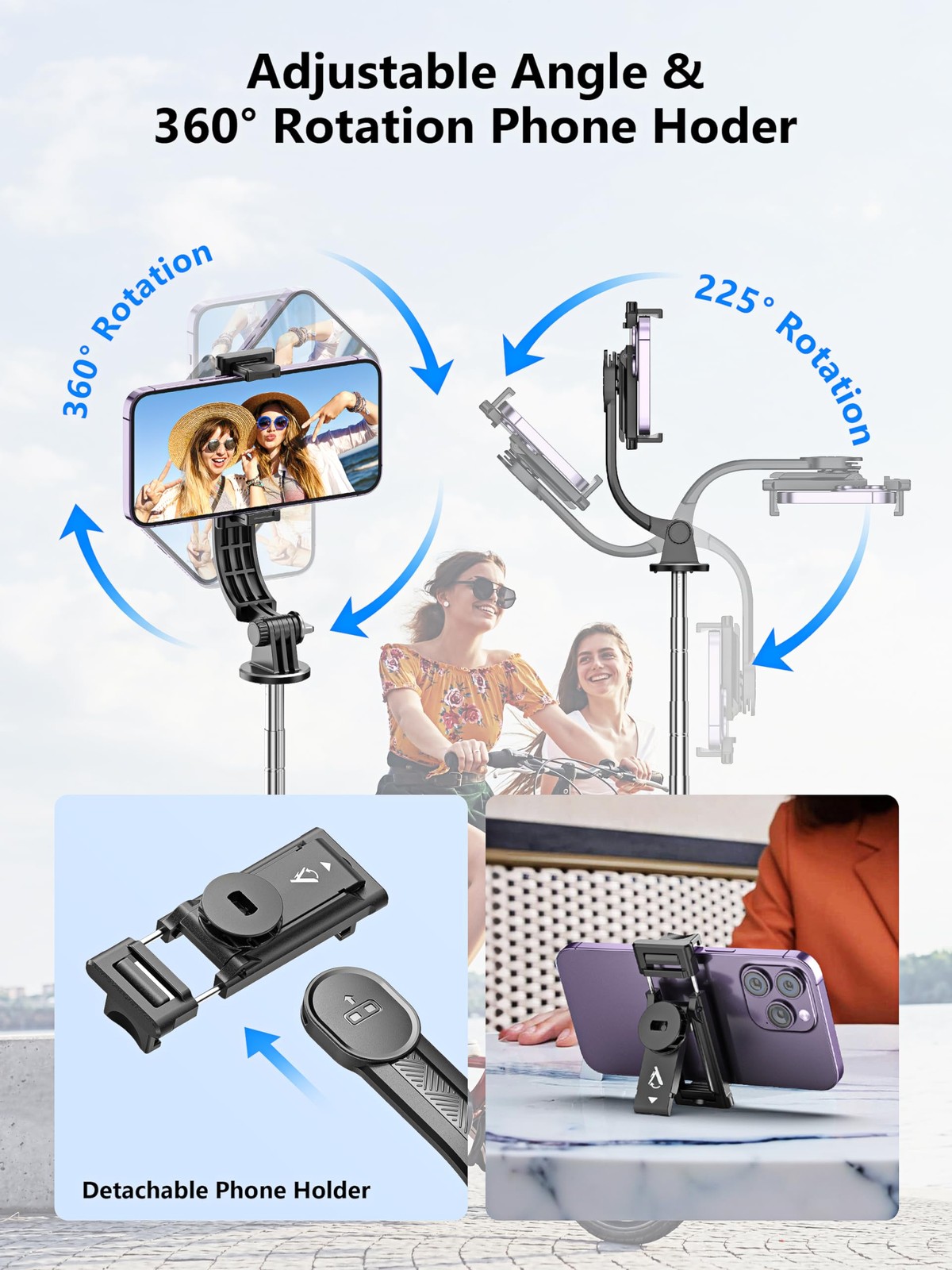 52 Inch All in 1 Selfie Stick Phone Tripod Stainless Steel Pole Stand Black