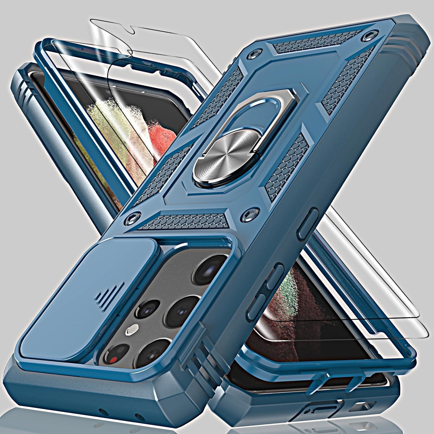 For Samsung Galaxy S21 Ultra Case,360° Ring Stand, Camera Cover,Armor Shockproof