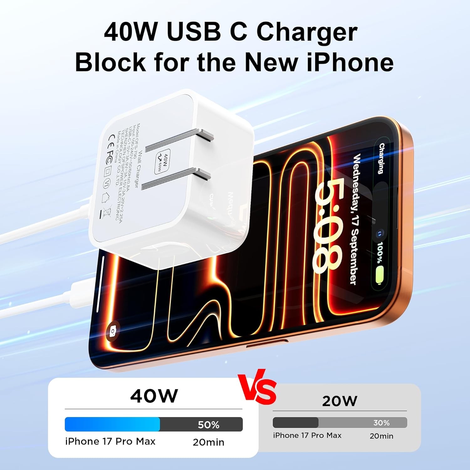 40W Type C Charger Fast Charging for iPhone 17 16 15, USB C Charger Block 2 Pack