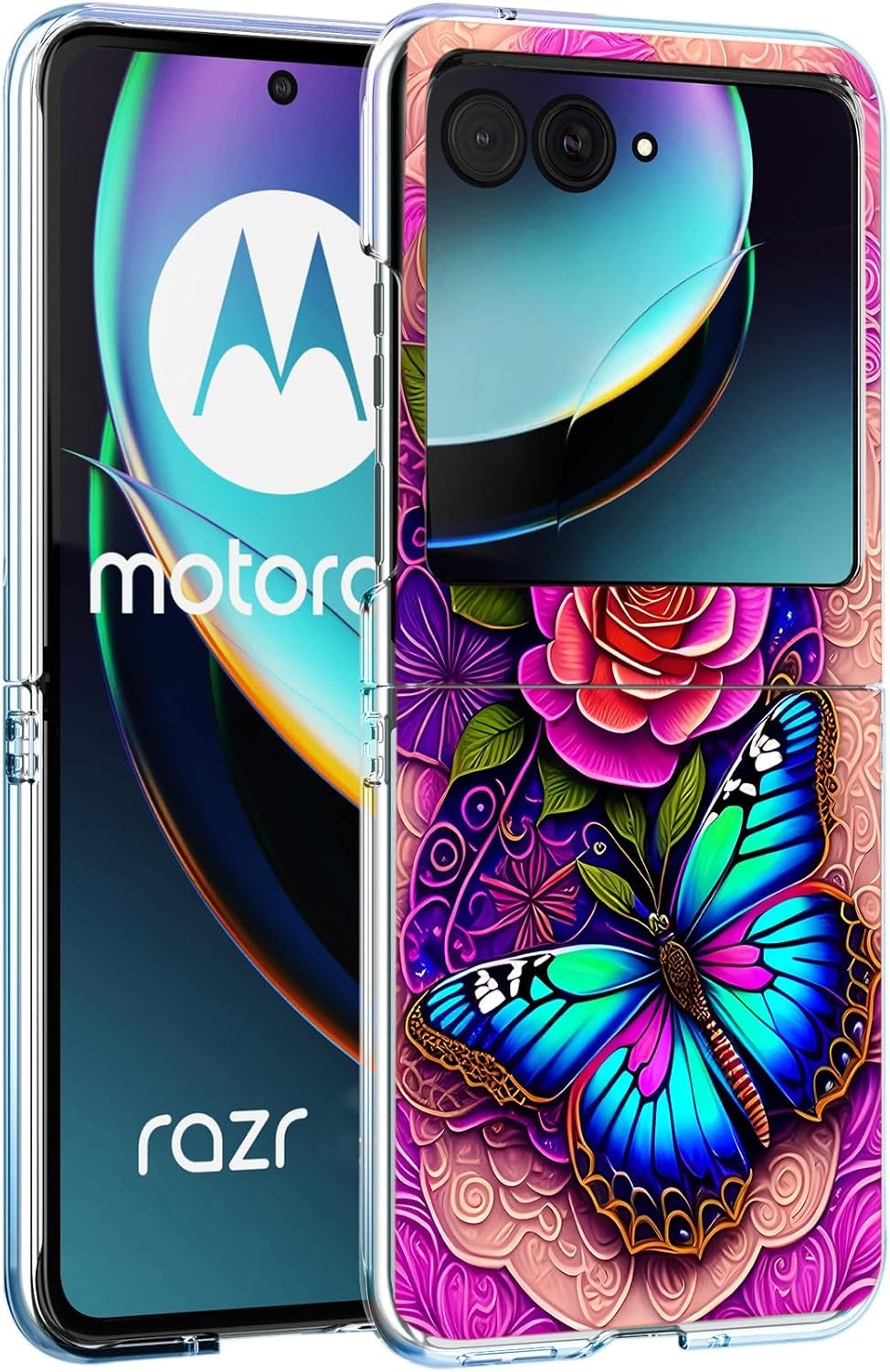 Motorola Razr 2024 Case, Hard Protective Cover with Blue Butterfly Flowers Rose