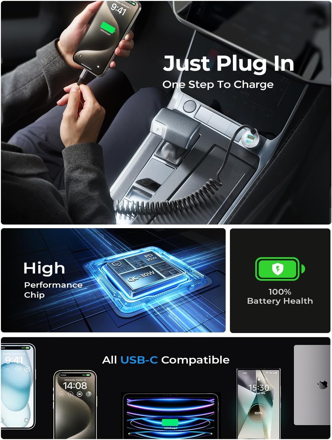 90W USB-C Fast Car Charger for iPhone 17/16/15 Pro Max