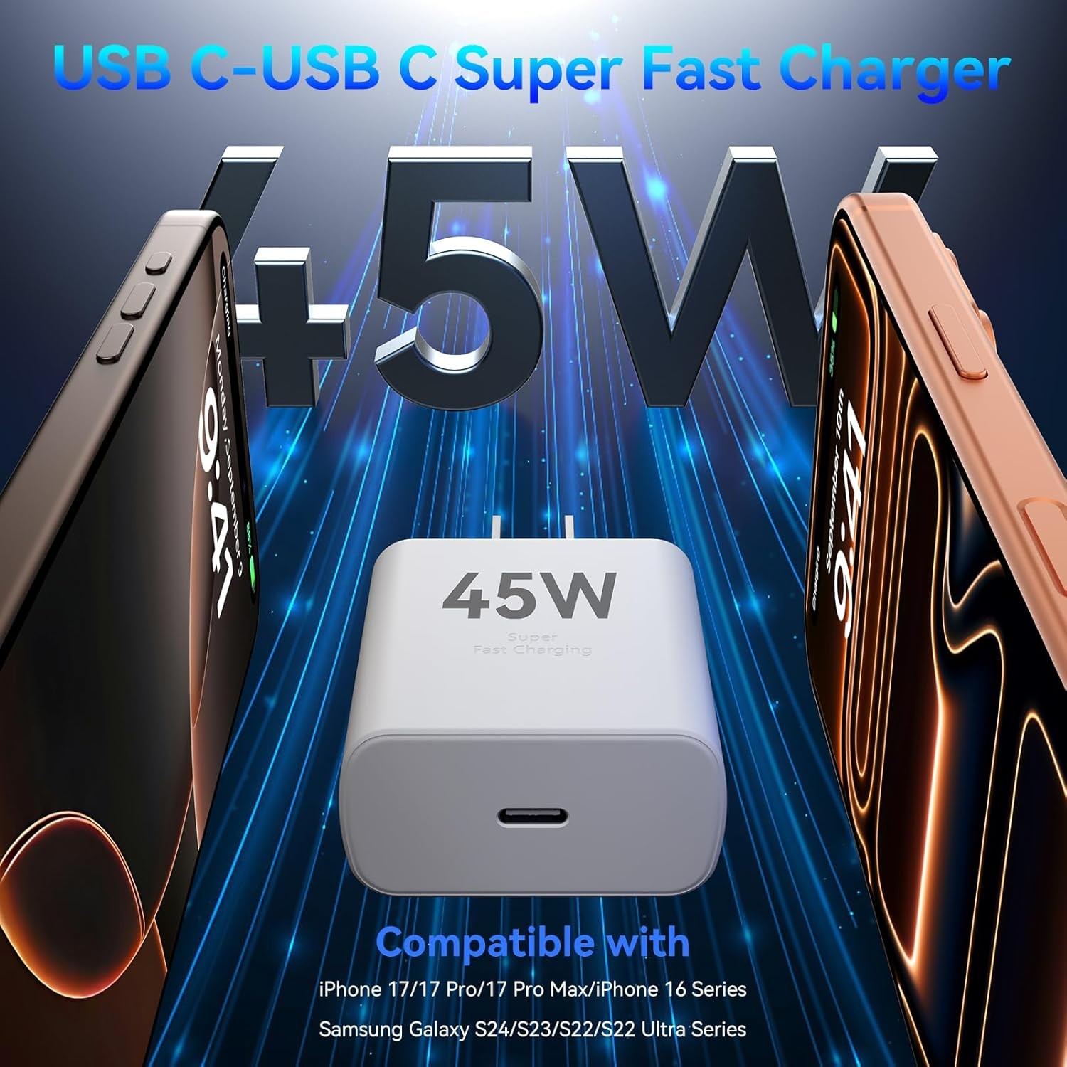 2 Pack 45W USB-C Fast Charger Adapter for iPhone 17/16/15 10 FT Cable