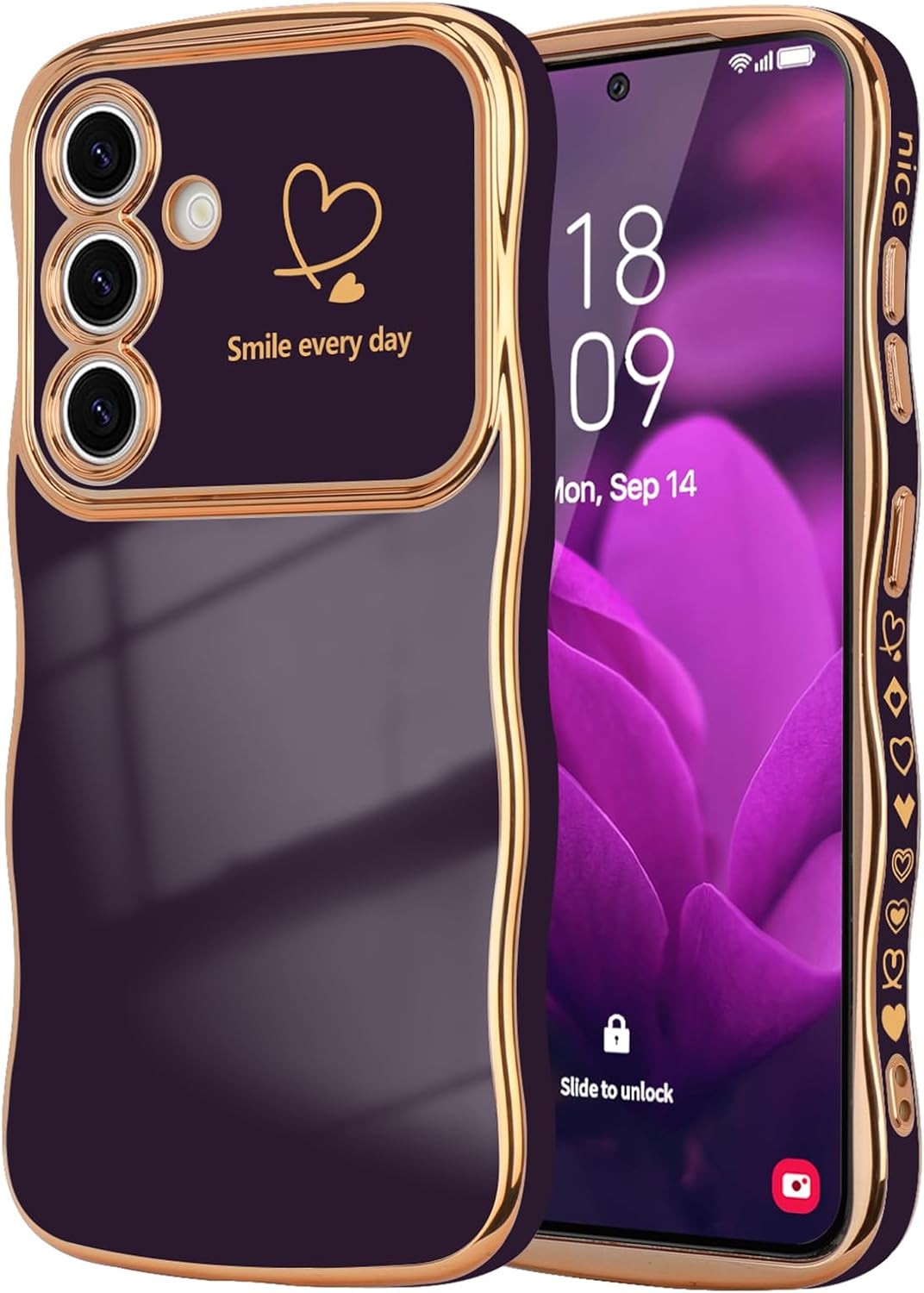 Cute Dark Purple Case for Samsung Galaxy S25 Plus, Girls Women, Wave Frame Desig