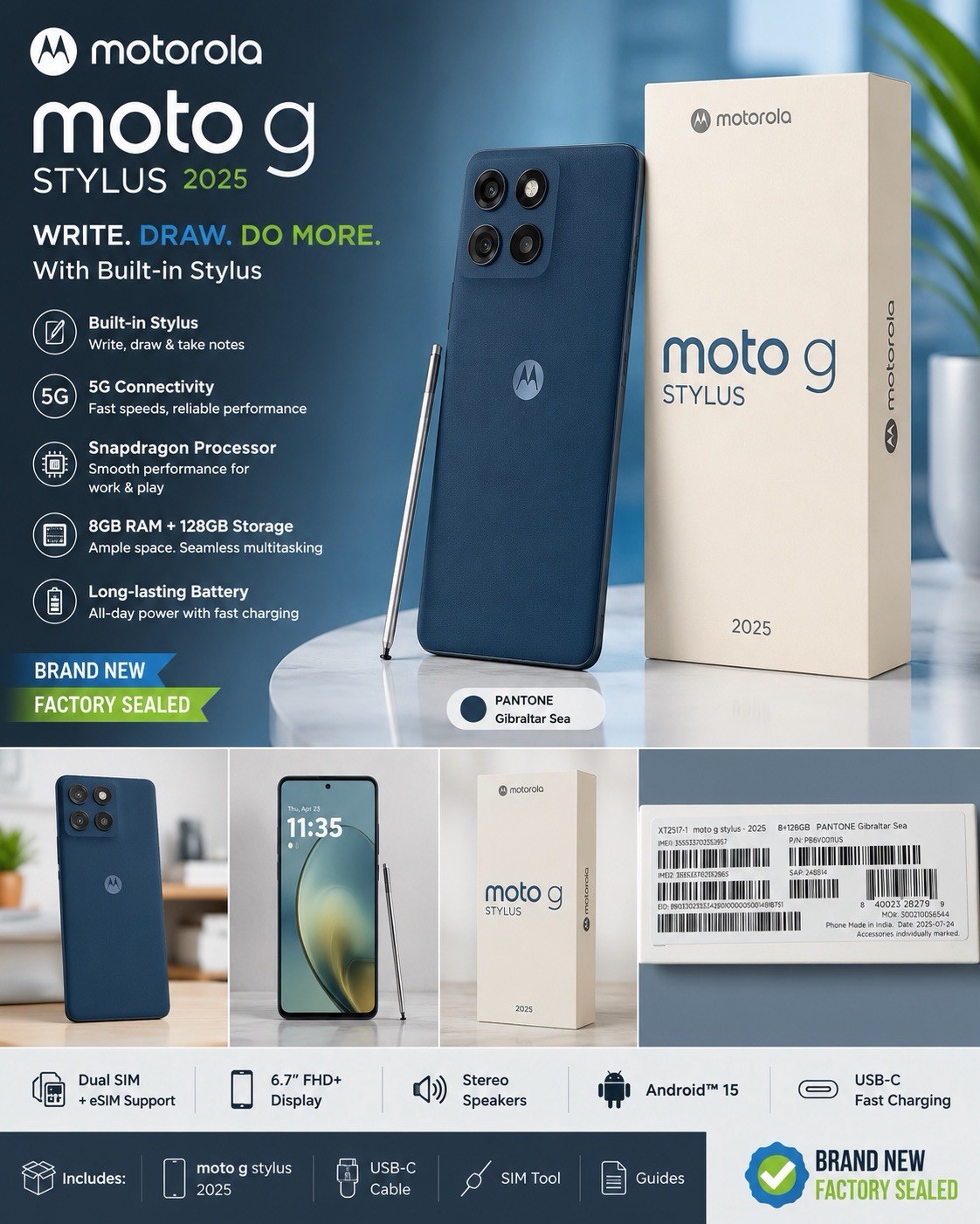 Motorola moto g stylus 2025 8GB/128GB 5G Dual SIM Stylus Android 15 Blue