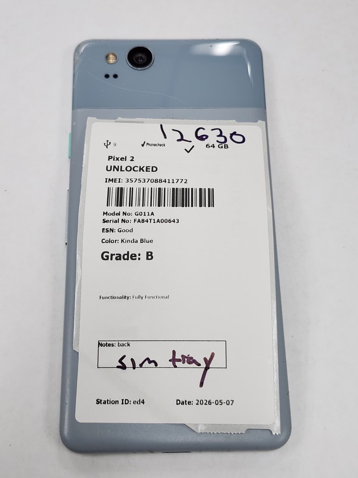 DEFECTIVE – Google Pixel 2 – 64 GB – Blue – Unlocked – G011C – 12630