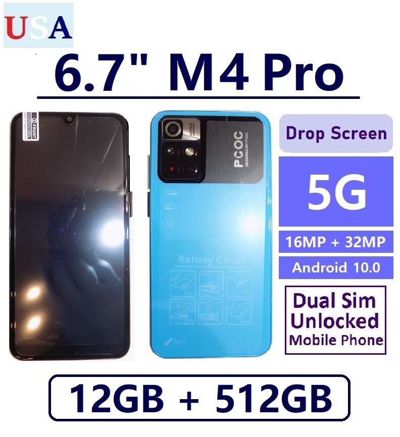 6.7″ M4 Pro Smartphone 12GB+512GB 5G Dual SIM Android 10.0 Unlocked Mobile Blue